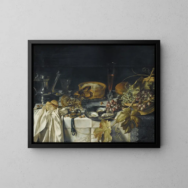 Martwa natura z koszem winogron, miedzianym dzbankiem i zegarkiem - Pieter Claesz — oprawiony obraz na ścianie