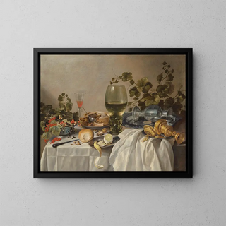 Pieter Claesz - Ontbijt of silver and glassware on a draped table with vines fruits and baked goods.webp
