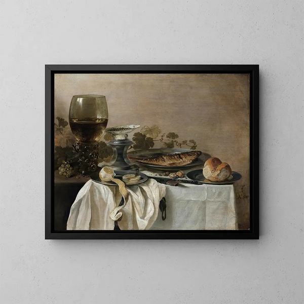 Martwa natura z rybą - Pieter Claesz — oprawiony obraz na ścianie