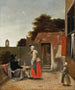 Mężczyzna palący i kobieta pijąca w dziedzińcu - Pieter de Hooch — widok dzieła