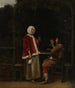 Kobieta i dwóch mężczyzn w altanie - Pieter de Hooch — widok dzieła