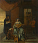 Scena wewnętrzna z kobietą grającą na lutni i mężczyzną grającym na skrzypcach - Pieter de Hooch — widok dzieła