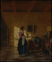Kobiety z dzbankiem wody i mężczyzny przy łóżku - Pieter de Hooch — widok dzieła