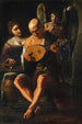 Stary mężczyzna grający na gitarze z kobietą i putto w asyście - Pietro Paolini — widok dzieła