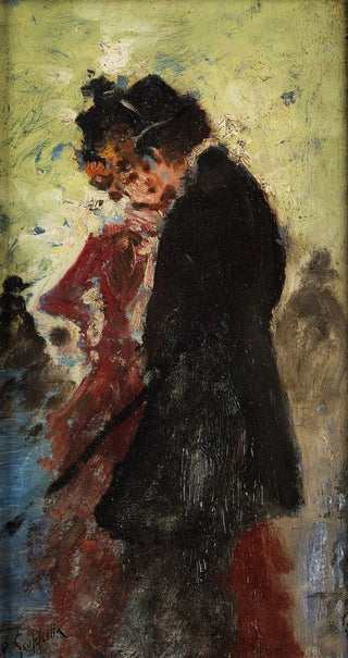 Pietro Scoppetta - Herr im Zylinder mit Dame in rotem Kleid.webp