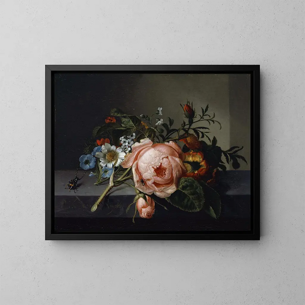 Martwa natura z gałęzią róży, żukiem i pszczołą - Rachel Ruysch — oprawiony obraz na ścianie