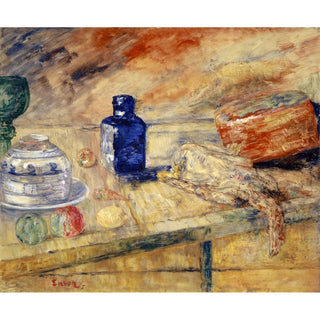 Reproduction Bouteilles bleues et poulet - James Ensor