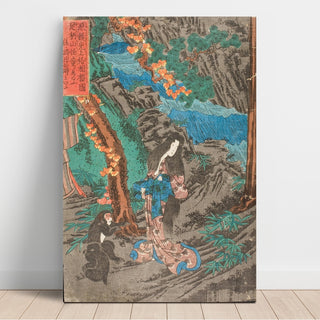 Reproduction En route pour Kyoto, Minamoto no Raiko rencontre Kaidomaru dans les montagnes d'Ashigara de la province de Sagami et l'emploie comme vassal - Utagawa Kuniyoshi