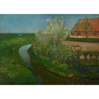 Reproduction Fossé d'irrigation courbé bordant une cour de ferme avec des arbres en fleurs - Piet Mondriaan