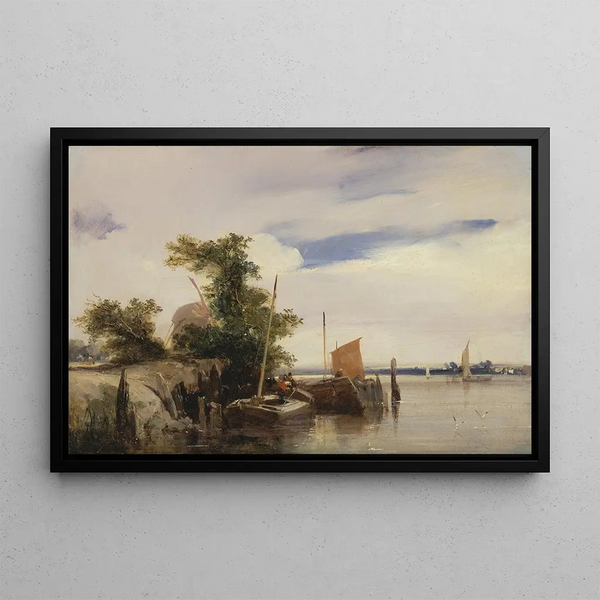 Péniches sur une rivière - Richard Parkes Bonington — oprawiony obraz na ścianie