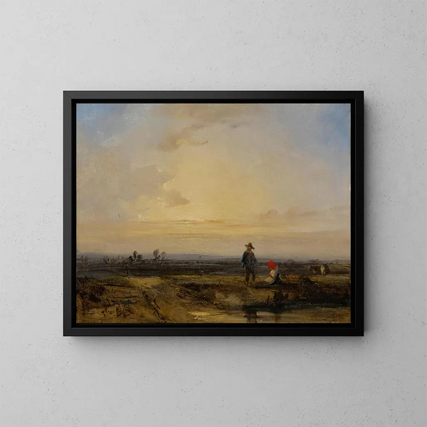 pejzaż z zachodem słońca i postaciami przed stawem - Richard Parkes Bonington — oprawiony obraz na ścianie