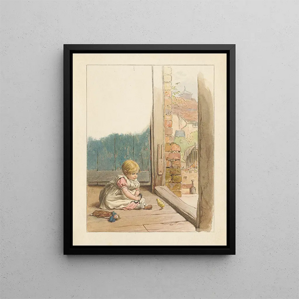 Robert Barnes - Baby Girl with Doll Watching Chick.webp