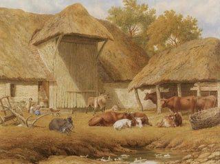 Robert Hills - Cattle resting beside farm buildings.webp