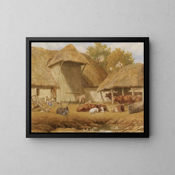 Bétail reposant près des bâtiments agricoles - Robert Hills — oprawiony obraz na ścianie