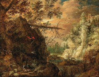 Roelant Savery - A rocky wooded landscape with a waterfall.webp