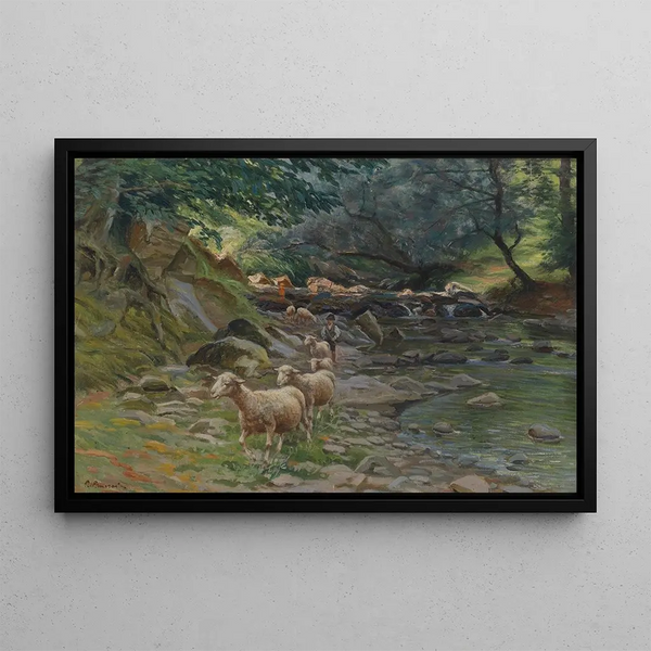 Ruggero Panerai - Schafherde und kleine Hirten am Bachufer.webp