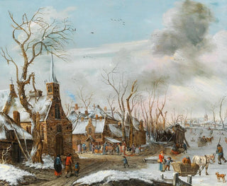 Salomon Rombouts - A winter landscape with a market scene.webp