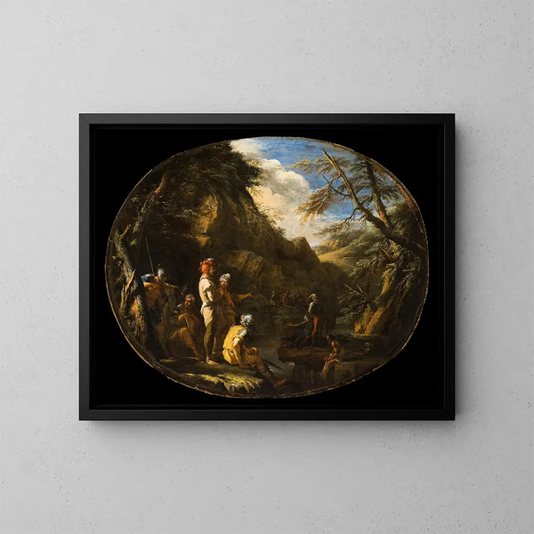 pejzaż z uzbrojonymi mężczyznami - Salvator Rosa — oprawiony obraz na ścianie