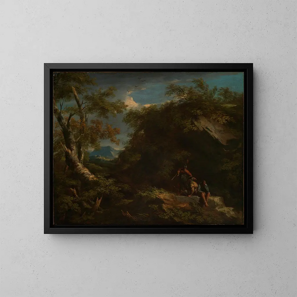 pejzaż leśny górski z wojownikami w odpoczynku - Salvator Rosa — oprawiony obraz na ścianie