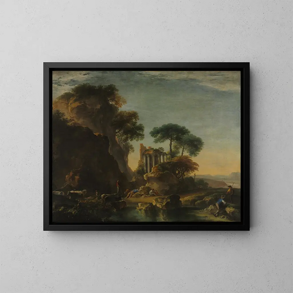 Ruiny w skalistym krajobrazie - Salvator Rosa — oprawiony obraz na ścianie