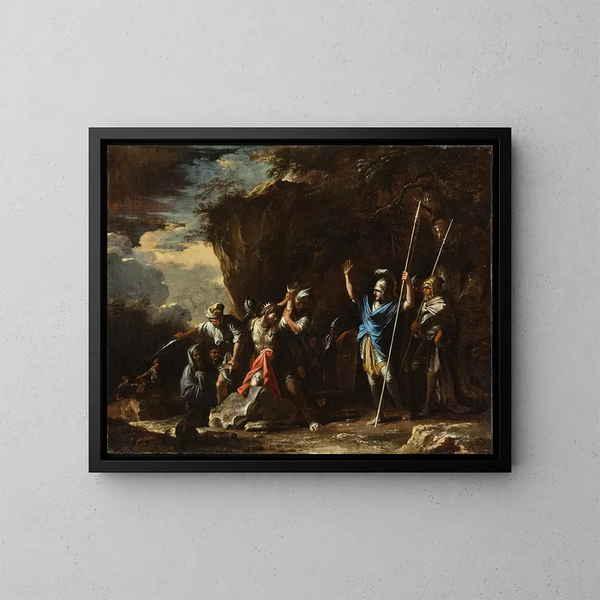 Scena z historii greckiej: niemy syn króla Kryzyusa powstrzymuje Persów przed zabiciem swojego ojca - Salvator Rosa — oprawiony obraz na ścianie