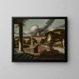 Samuel van Hoogstraten - A view from a villa with a woman seated at a fountain and an avenue of statues.webp