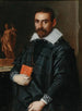 Portret dżentelmena w półprofilu trzymającego książkę z rzeźbą w tle - Szkoła z Bergamo — widok dzieła