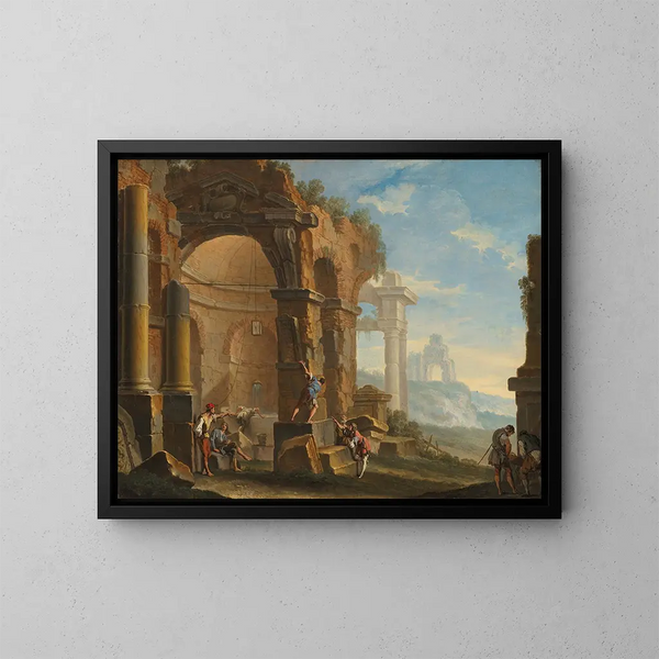Un caprice avec des figures conversant parmi des ruines classiques - Sebastiano Ricci — oprawiony obraz na ścianie