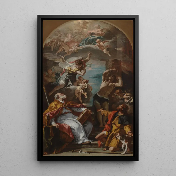 Chwała Dziewicy z archaniołem Gabriela i świętymi Euzebiuszem, Roch i Sebastianem - Sebastiano Ricci — oprawiony obraz na ścianie
