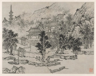 Shen Zhou - Distant View of Tiger Hill from the Canal Mooring.webp