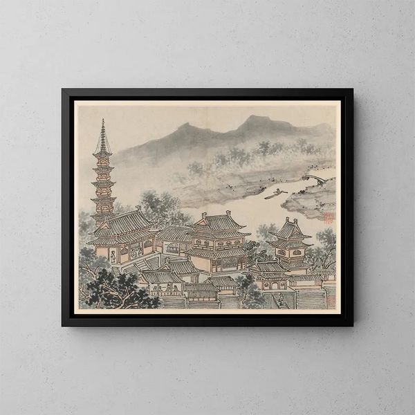 Le hall des mille Bouddhas et la pagoda du monastère de la falaise nuageuse - Shen Zhou — oprawiony obraz na ścianie