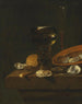 Un roemer taillé de vin doux et de vin rouge dans un verre à Venise façonné avec des huîtres dans un plat renversé et du pain sur un rebord - Simon Luttichuys — widok dzieła