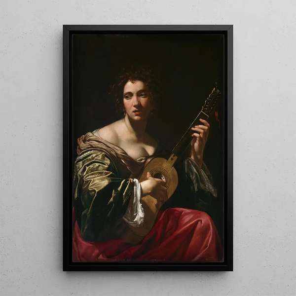 Kobieta grająca na gitarze - Simon Vouet — oprawiony obraz na ścianie