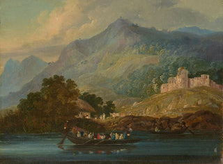 Sir Charles DOyly - Hilly landscape with figures in a boat on the river Ganges.webp
