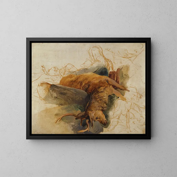 Martwa jeleń z szkicami postaci myśliwego i psów - Sir Edwin Henry Landseer — oprawiony obraz na ścianie
