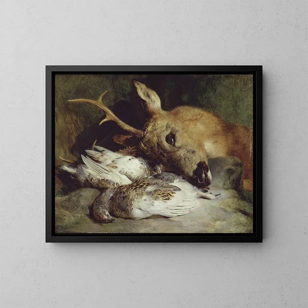 Głowa jelenia i dwa lagopedy - Sir Edwin Henry Landseer — oprawiony obraz na ścianie
