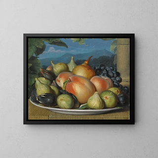Spanish School - A Still Life With Figs Peaches A Pear And Black Grapes On A White Dish An Extensive Landscape Beyond.webp