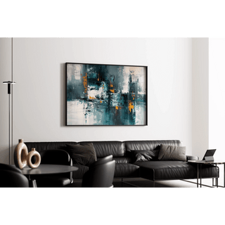 Tableau Abstrait – Fragments Urbains | Affiche Murale Moderne aux Couleurs Froides et Touches Orange | Déco Graphique pour Salon ou Bureau