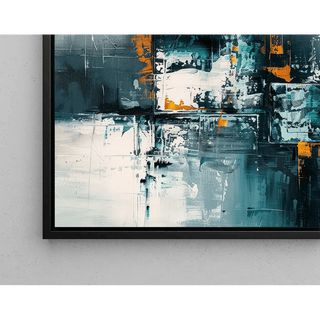 Tableau Abstrait – Fragments Urbains | Affiche Murale Moderne aux Couleurs Froides et Touches Orange | Déco Graphique pour Salon ou Bureau