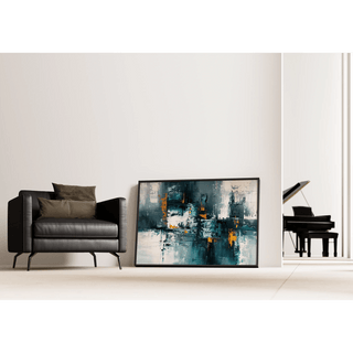 Tableau Abstrait – Fragments Urbains | Affiche Murale Moderne aux Couleurs Froides et Touches Orange | Déco Graphique pour Salon ou Bureau