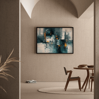 Tableau Abstrait – Fragments Urbains | Affiche Murale Moderne aux Couleurs Froides et Touches Orange | Déco Graphique pour Salon ou Bureau