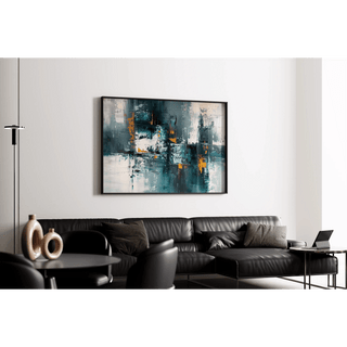 Tableau Abstrait – Fragments Urbains | Affiche Murale Moderne aux Couleurs Froides et Touches Orange | Déco Graphique pour Salon ou Bureau