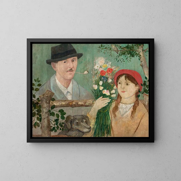 Idylle près d'une clôture, autoportrait de fille avec des fleurs et un chien - Tadeusz Makowski — oprawiony obraz na ścianie