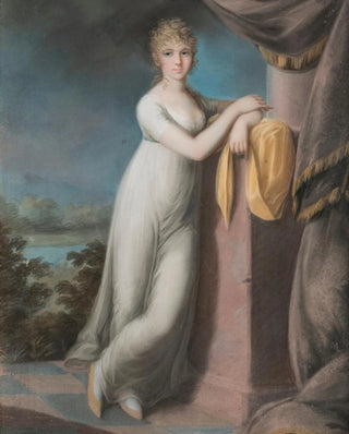 Teodoro Matteini - Portrait of a young lady leaning against a pedestal a landscape beyond.webp