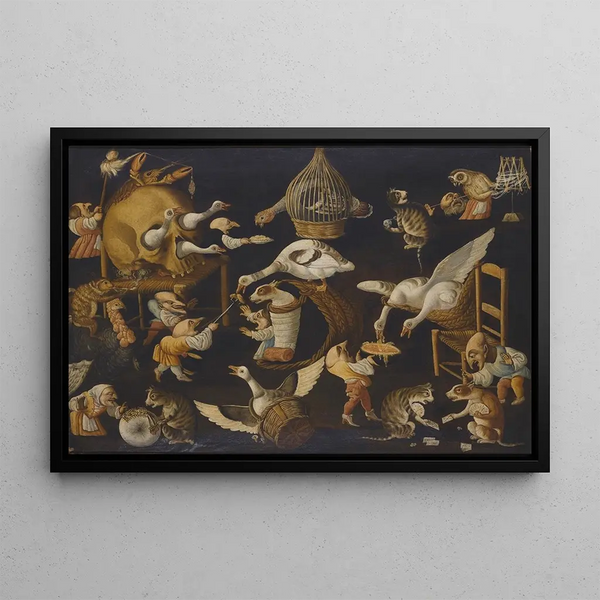 The Master of the Fertility of the Egg - A Grotesque Scene With Animals Playing And A Dog Wrapped In Swaddling Clothes.webp