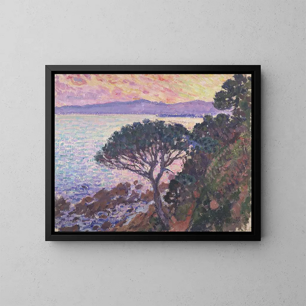 Pin parasol przy morzu Śródziemnym o zachodzie słońca - Theo van Rysselberghe — oprawiony obraz na ścianie