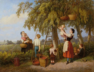Theodor Hosemann - Die Kirschenernte Bauernfamilie im Obstgarten.webp