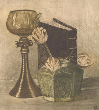 Theodorus Antonius de Gruiter - Stilleven met boek wijnglas en lampionplant in gemberpot.webp