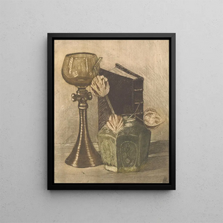 Theodorus Antonius de Gruiter - Stilleven met boek wijnglas en lampionplant in gemberpot.webp