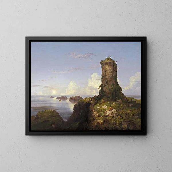 Scena włoskiego wybrzeża z ruiną wieży - Thomas Cole — oprawiony obraz na ścianie